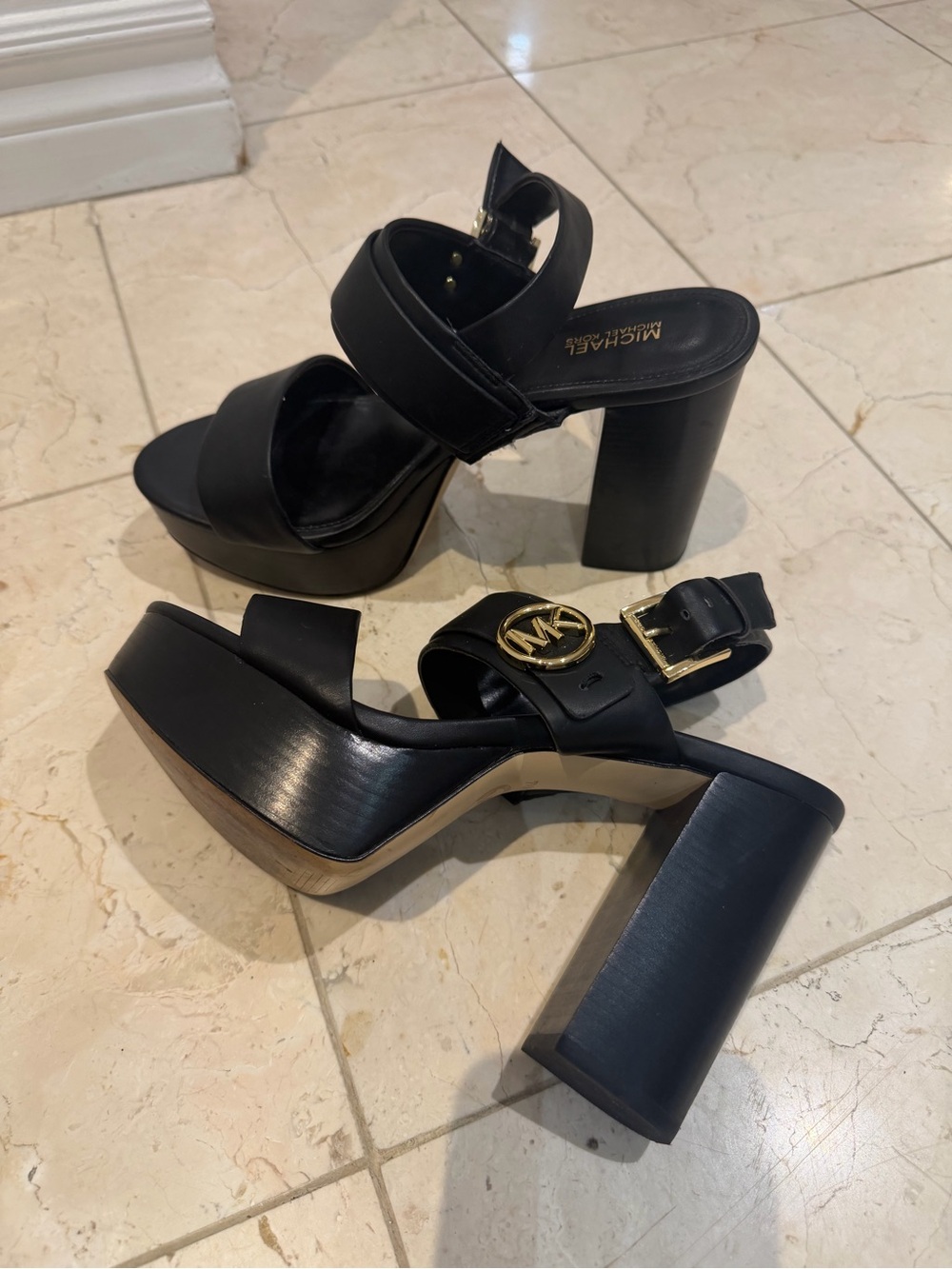 Michael Kors Black Leather Platform Block Heel Sandals with Gold MK Accent